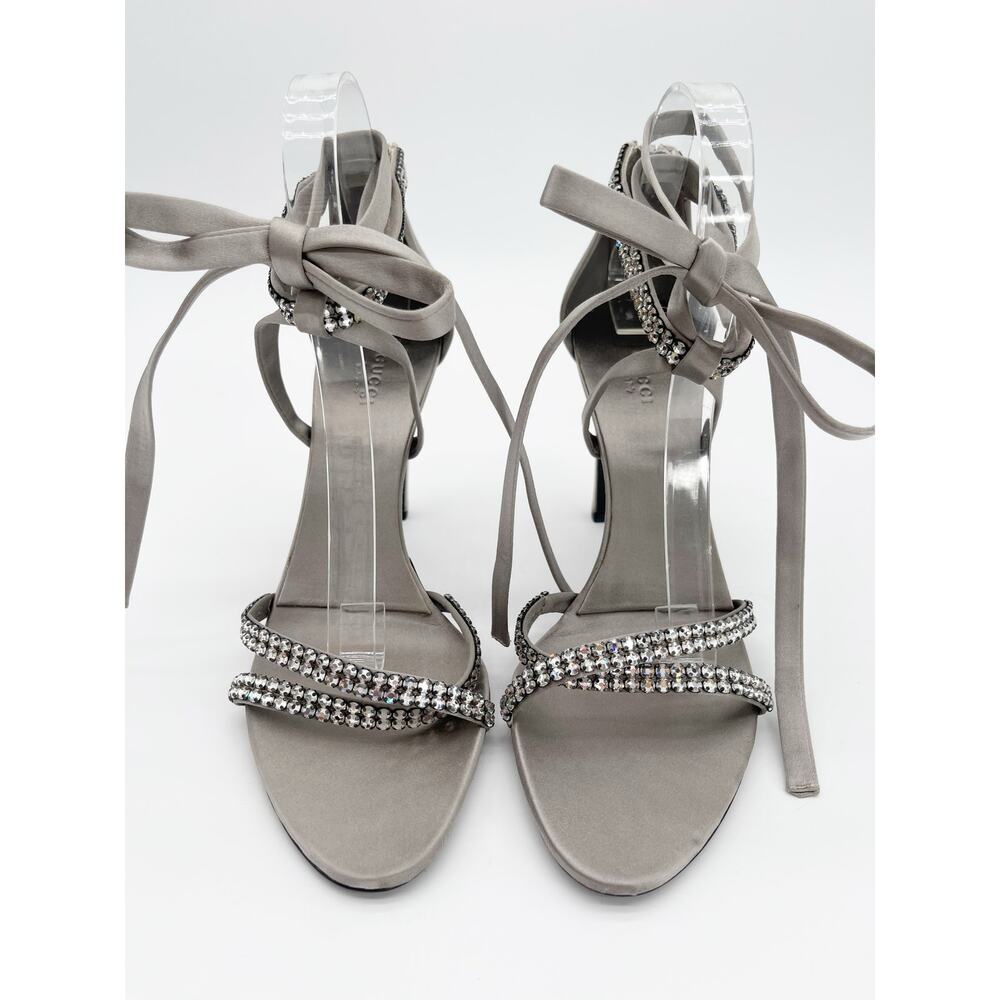 Gucci 2004 Tom Ford Silver Silk Crystal Strap Ankle Wrap Heel Sandals EU 41C - Picture 6 of 13